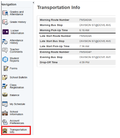 powerschool transportation info screenshot